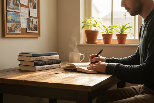man sat at desk with a cup of coffee, writing in his journal