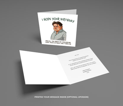 Birthday card with a cartoon character and humorous text on a gray background