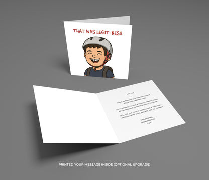 Greeting card with a cartoon character and text on a gray background