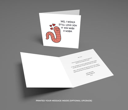 Greeting card with a cartoon worm and text on a gray background