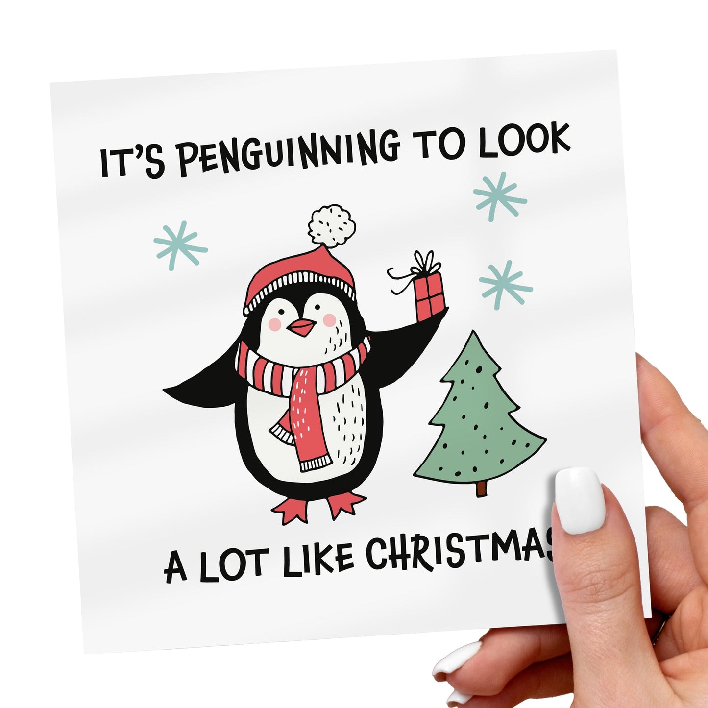 Funny Penguin Christmas Card, It’s Penguinning to Look a Lot Like Christmas, Cute Animal Pun Holiday Greeting Card