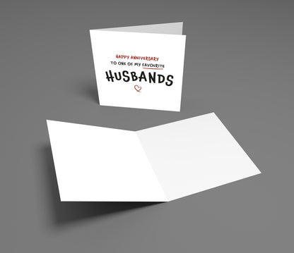 Greeting card with text 'Happy anniversary to one of my favourite husbands' on a gray background