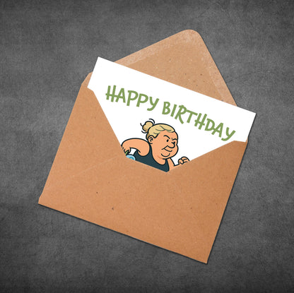 Cartoon birthday card with 'Happy Birthday' text inside a brown envelope on a dark background