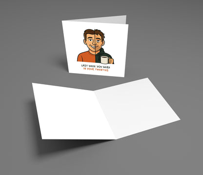 Greeting card with a cartoon illustration of a person holding a coffee cup on a gray background