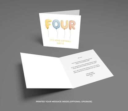 Children's birthday card with colorful 'FOUR' balloons and a plain card with text on a gray background.