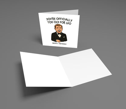 Birthday card with a humorous illustration and text on a gray background