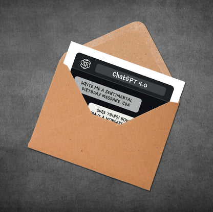 Card with ChatGPT 4.0 interface in an open brown envelope on a dark gray background