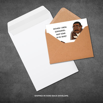 Card with a cartoon character and text in an open envelope on a gray background