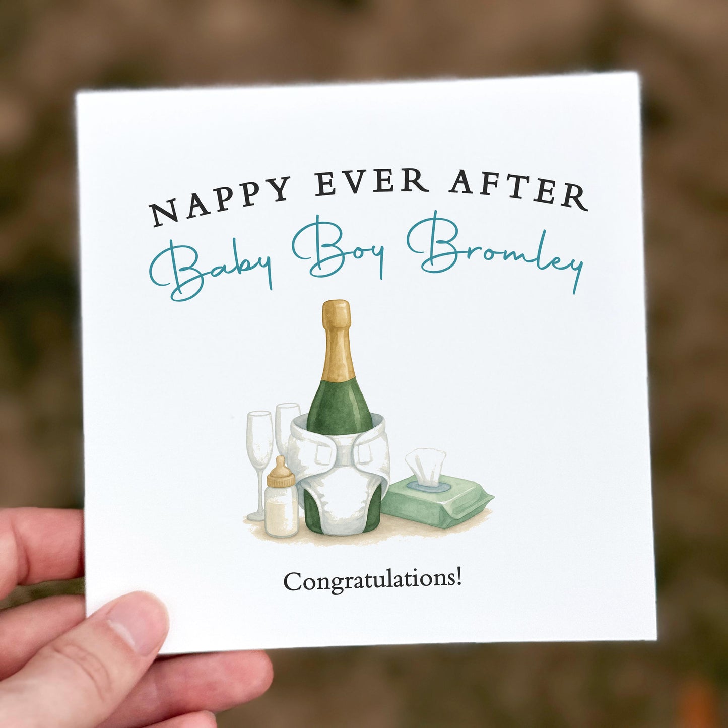 Funny New Baby Boy Card: Nappy Ever After - Personalised