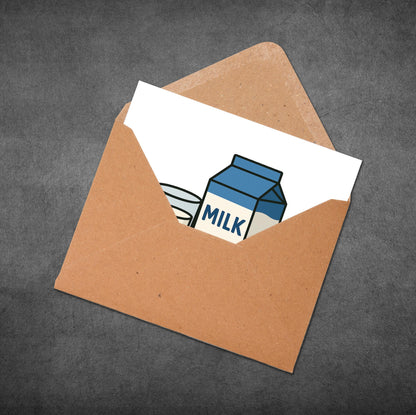 Brown envelope with a card featuring a milk carton illustration on a gray background