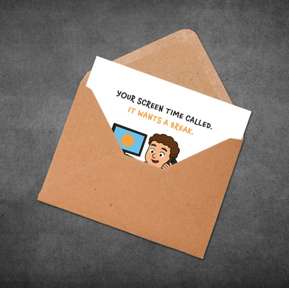 Card with cartoon character and text 'Your screen time called. It wants a break' on a brown envelope against a dark gray background.