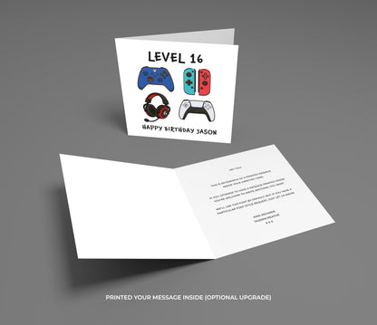 Birthday card with gaming-themed design on a gray background