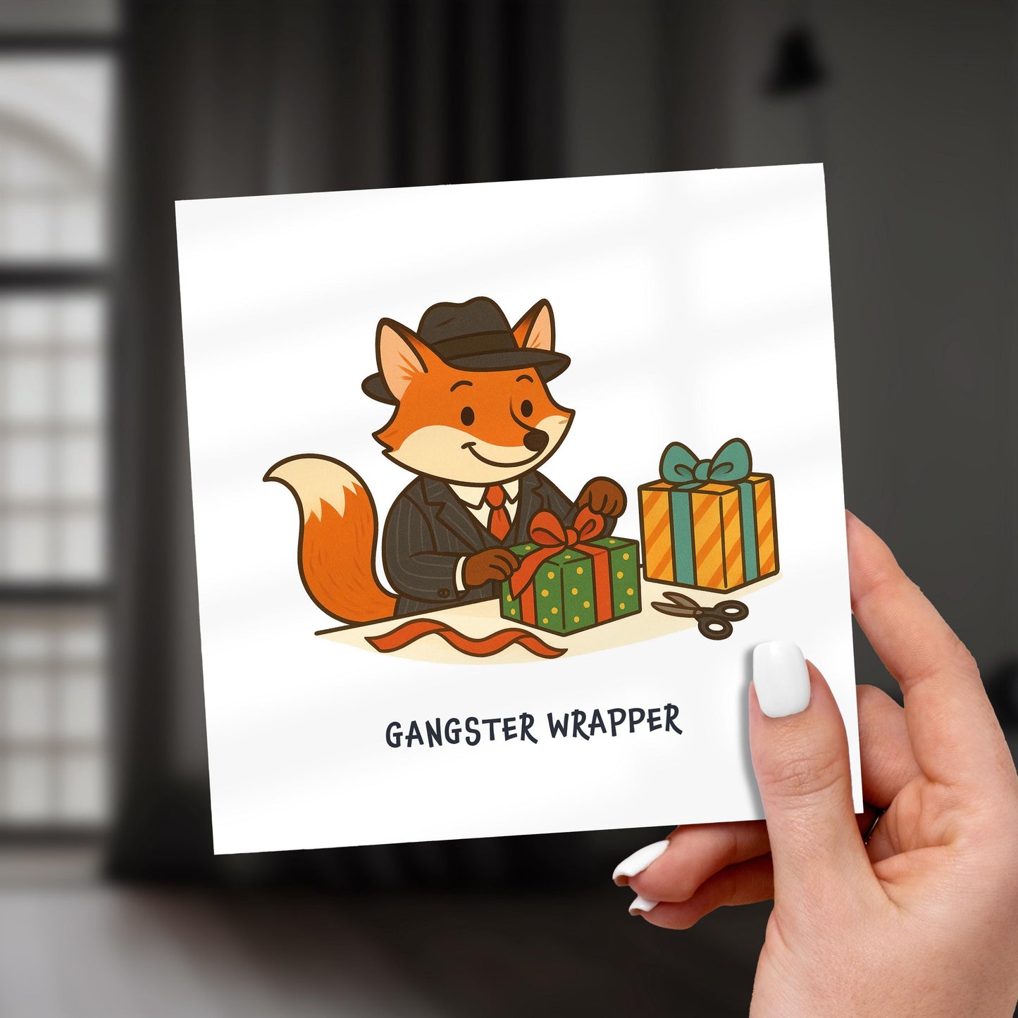 Funny Fox Christmas Card: Gangster Wrapper Pun Holiday Card
