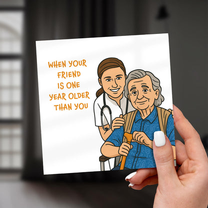 Cartoon illustration of a young woman with a stethoscope and an older man with a backpack, held by a hand.