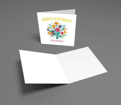 Greeting card with floral design and 'Happy Birthday Mummy' text on a gray background