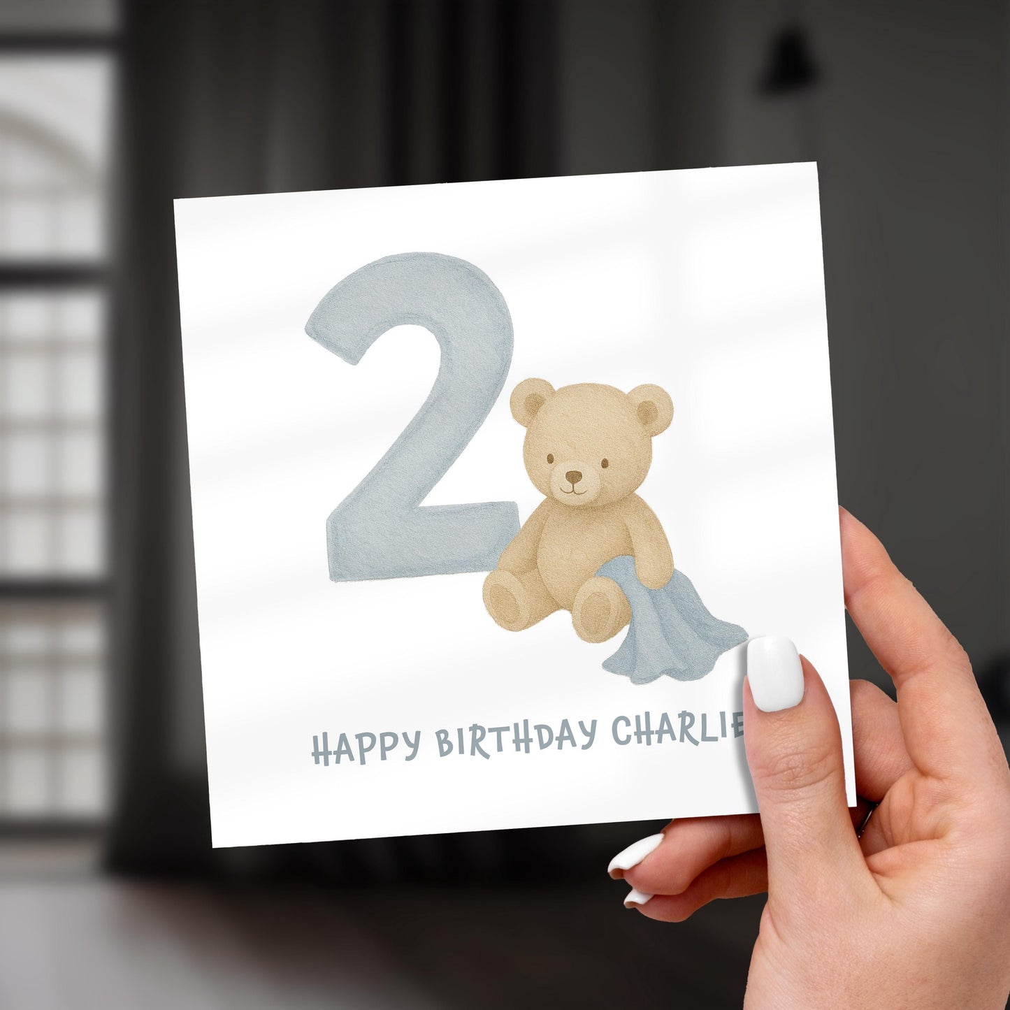 2nd Birthday Card for Boy, Personalised Birthday Card, Cute Bear Birthday Card for Son, Toddler Birthday Card, Blue Pastel Age 2 Card