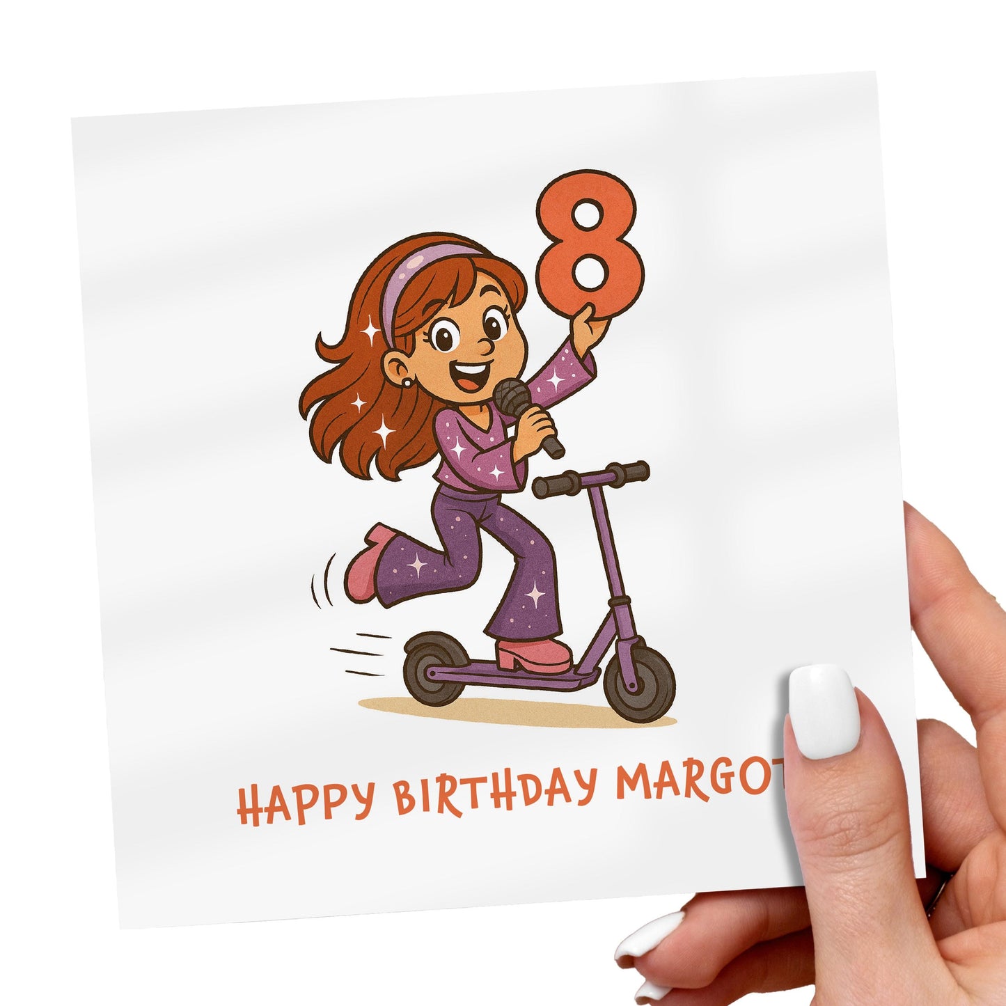 Personalized 8th Birthday Card for Girl: Popstar Scooter Design