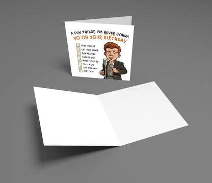 Birthday card with a cartoon character and humorous checklist on a gray background