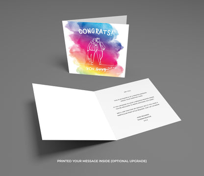 Greeting card with colorful watercolor design and text on a gray background