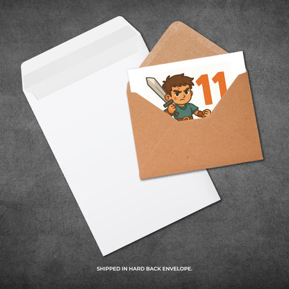 Card with a character holding a sword and number 11, shipped in a hard-back envelope.