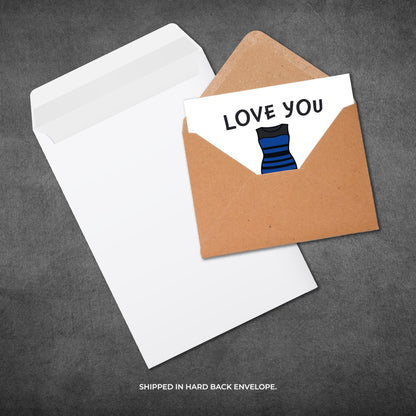 Card with 'LOVE YOU' text and illustration in a brown envelope on a gray background