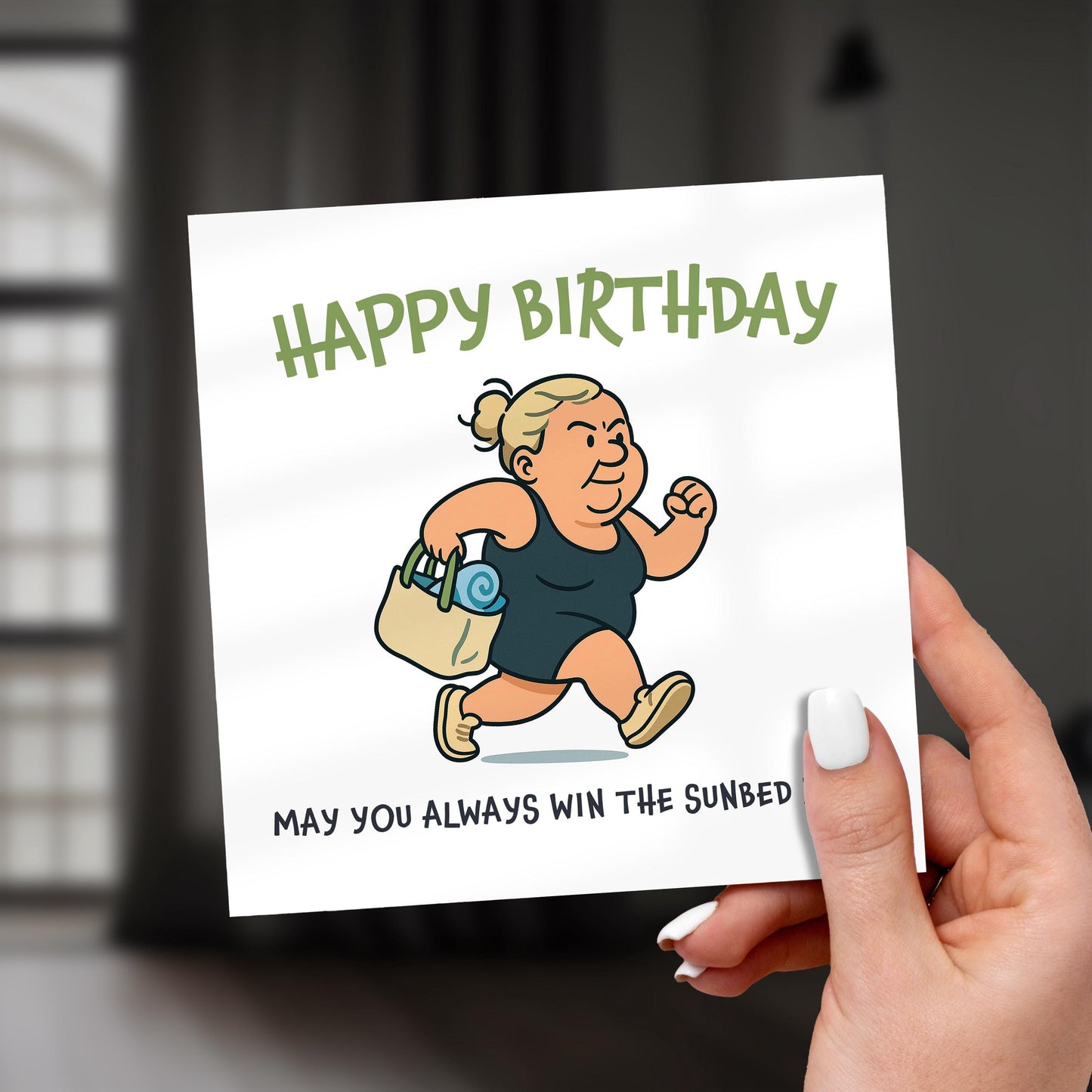 Funny Sunbed Race Birthday Card: Cheeky Holiday Meme