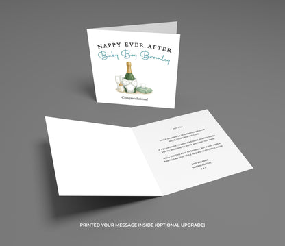 Greeting card with champagne bottle and glasses on a gray background