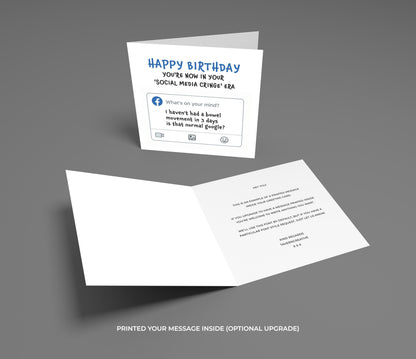 Birthday card with humorous text on a gray background