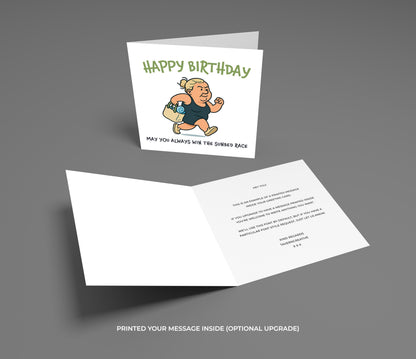 Birthday card with cartoon character and open card showing text on a gray background