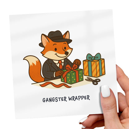 Cartoon fox in a suit with presents and text 'Gangster Wrapper' on a card held by a hand.