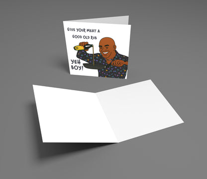 Greeting card with a humorous illustration and text on a gray background