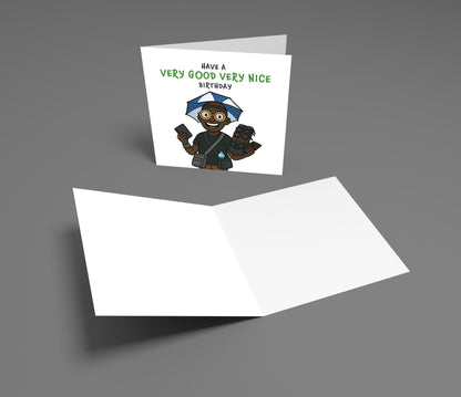 Greeting card with a character and text on a gray background