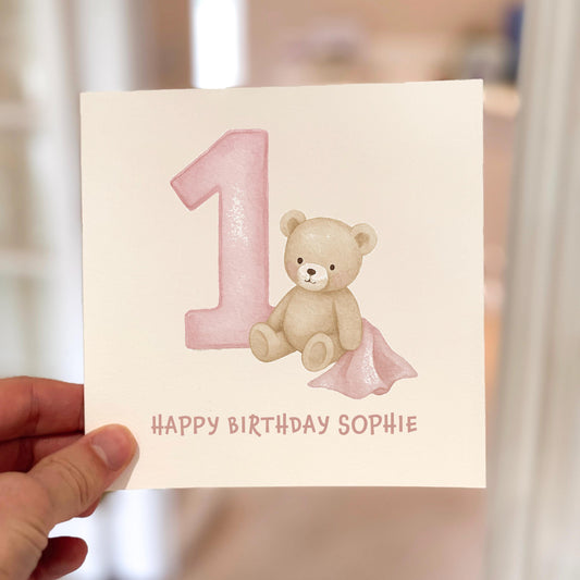 1st Birthday Card for Girl, Personalised Baby Birthday Card, Cute Bear Card for Daughter, Toddler Birthday Card, Pink Pastel Age 1 Card