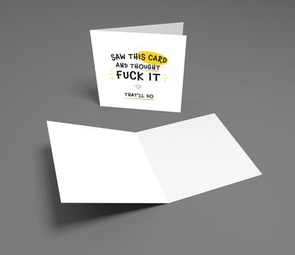 Greeting card with humorous text on a gray background