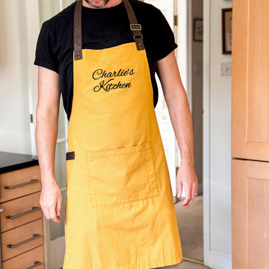 Mustard Oxford Bib Apron, Personalised Cooking Apron, Gift for Him or Her
