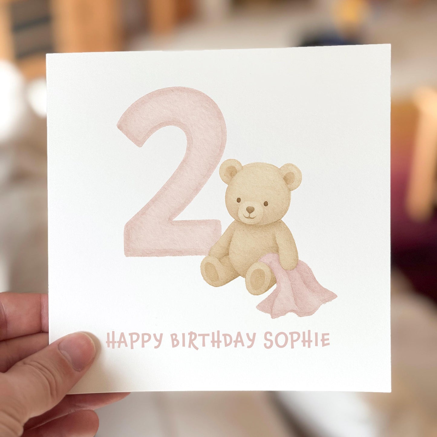 2nd Birthday Card for Girl, Personalised Birthday Card, Cute Bear Birthday Card for Daughter, Toddler Birthday Card, Pink Pastel Age 2 Card