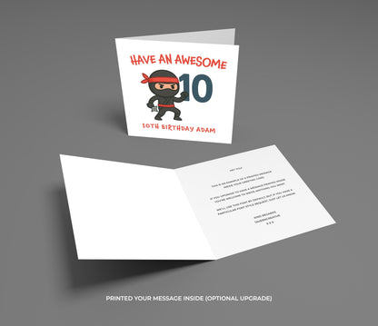 Birthday card with a ninja design and text on a gray background
