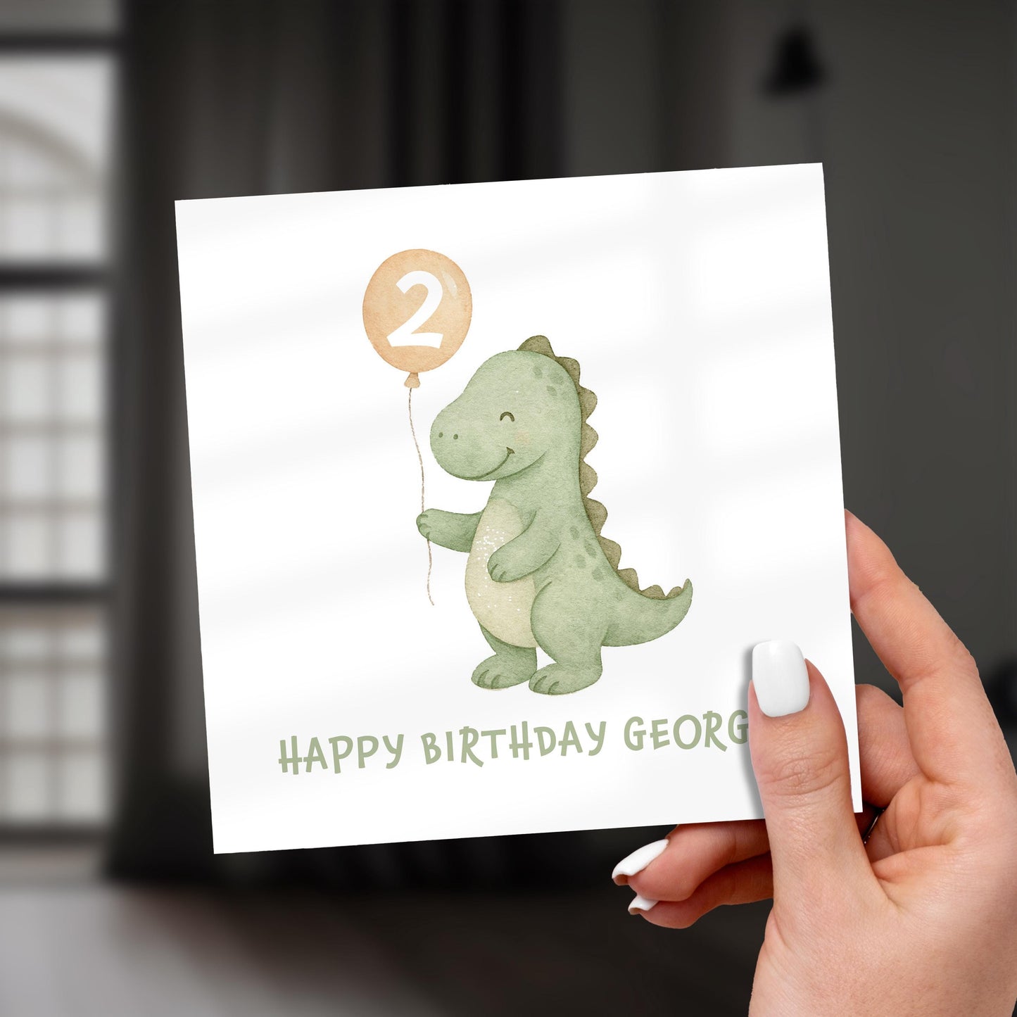 Personalized Dinosaur 2nd Birthday Card: Pastel Green Dino