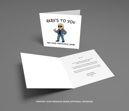 Greeting card with a cartoon character and text on a gray background