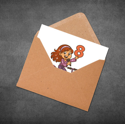 Cartoon character holding a number 8 card in an open brown envelope on a dark gray background