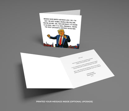 Greeting card with a cartoon of a man in a suit and tie, open to reveal text inside, on a gray background.