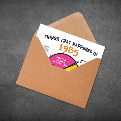Envelope with a card titled 'Things That Happened in 1985' on a gray background