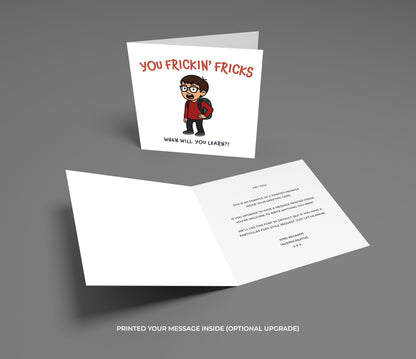 Greeting card with a character design and text on a gray background