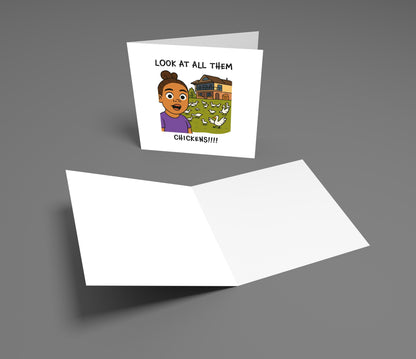 Greeting card with cartoon character and text 'Look at all them chickens!!!' on a gray background