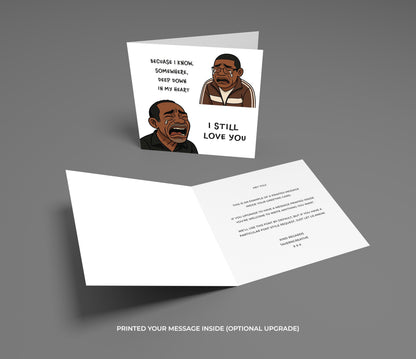 Greeting card with two illustrated faces and text on a gray background