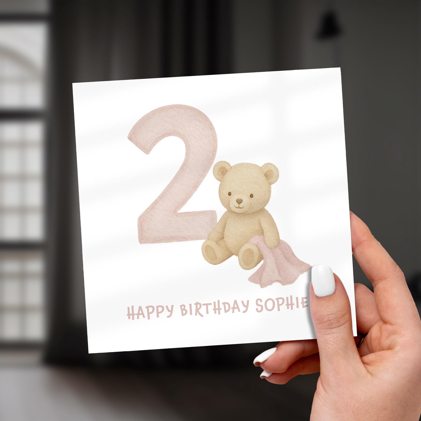 2nd Birthday Card for Girl, Personalised Birthday Card, Cute Bear Birthday Card for Daughter, Toddler Birthday Card, Pink Pastel Age 2 Card