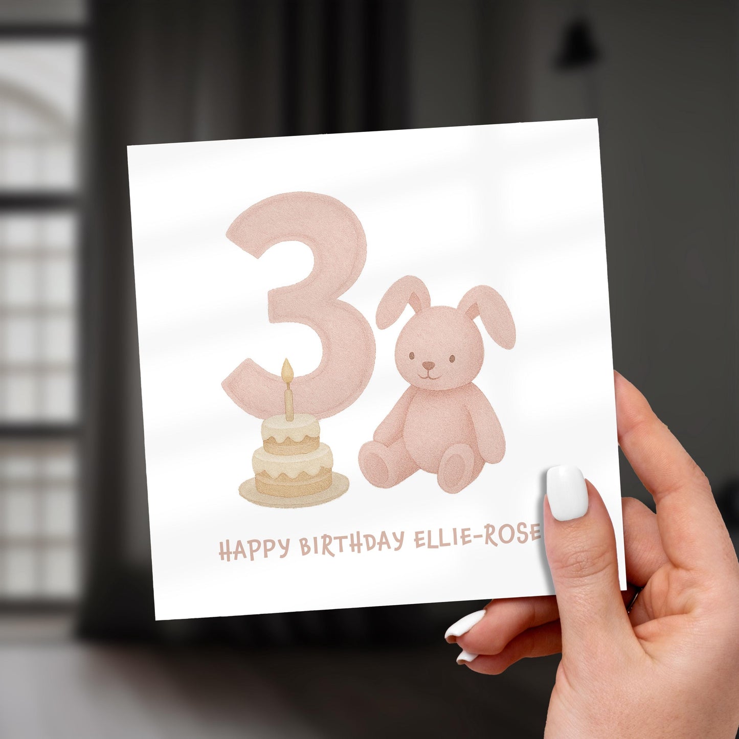 3rd Birthday Card for Girl, Personalised Bunny Birthday Card, Cute Birthday Card for Daughter, Toddler Card, Pink Bunny Card, Age 3 Card