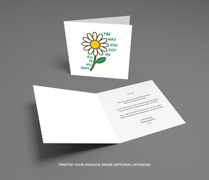 Greeting card with a daisy illustration and text on a gray background