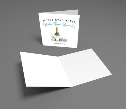 Greeting card with champagne bottle and glasses on a gray background