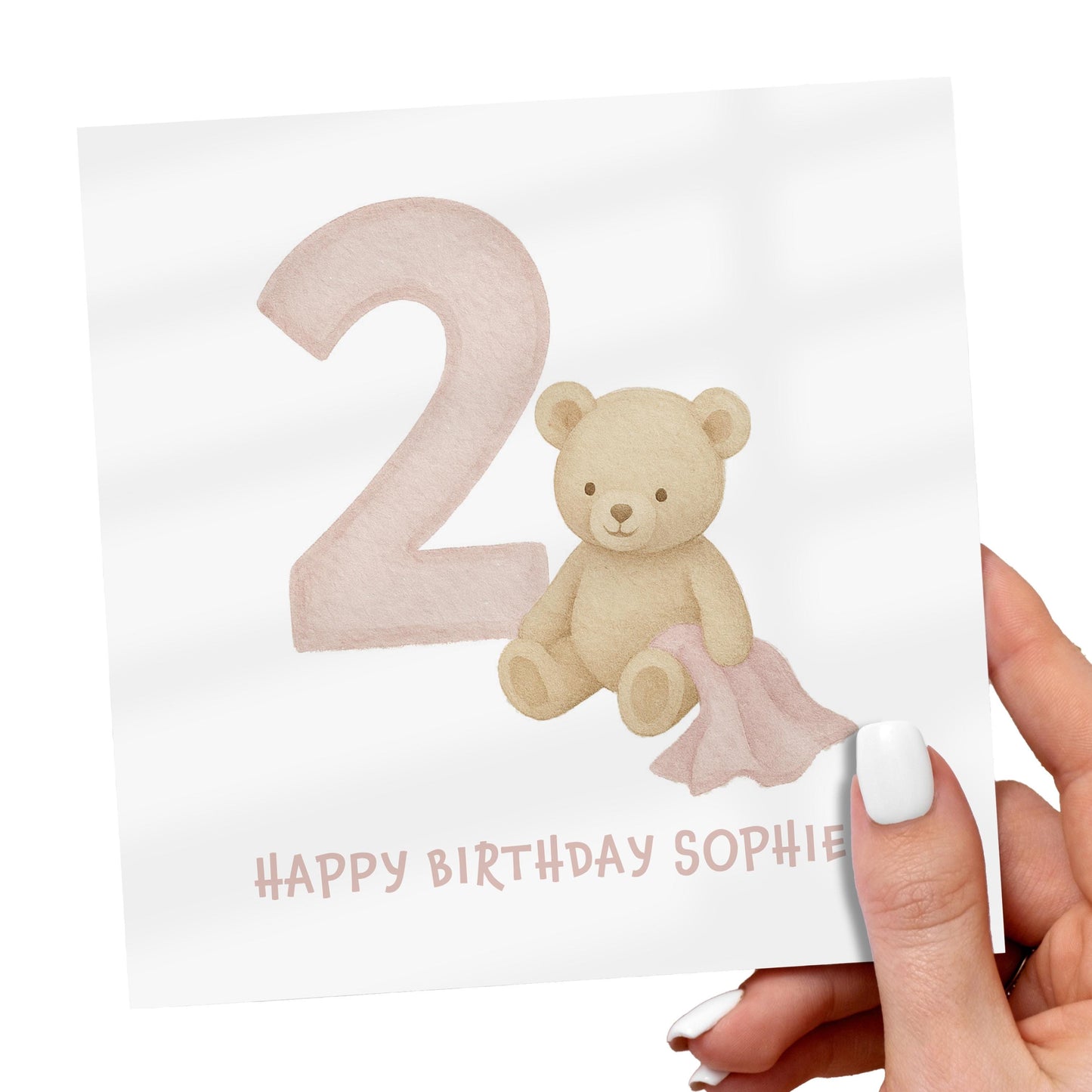 2nd Birthday Card for Girl, Personalised Birthday Card, Cute Bear Birthday Card for Daughter, Toddler Birthday Card, Pink Pastel Age 2 Card